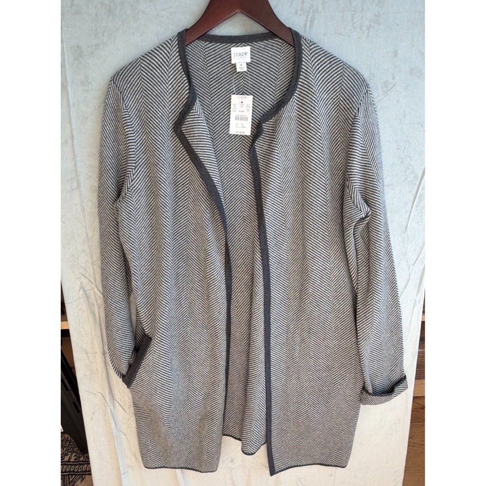 J.Crew Open Front Cardigan Women S Gray Herringbone Knit Dark Academia Layer NEW